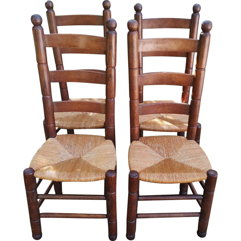 Set of 4 vintage rustic oakwood and straw chairs by Charles Dudouyt, 1940