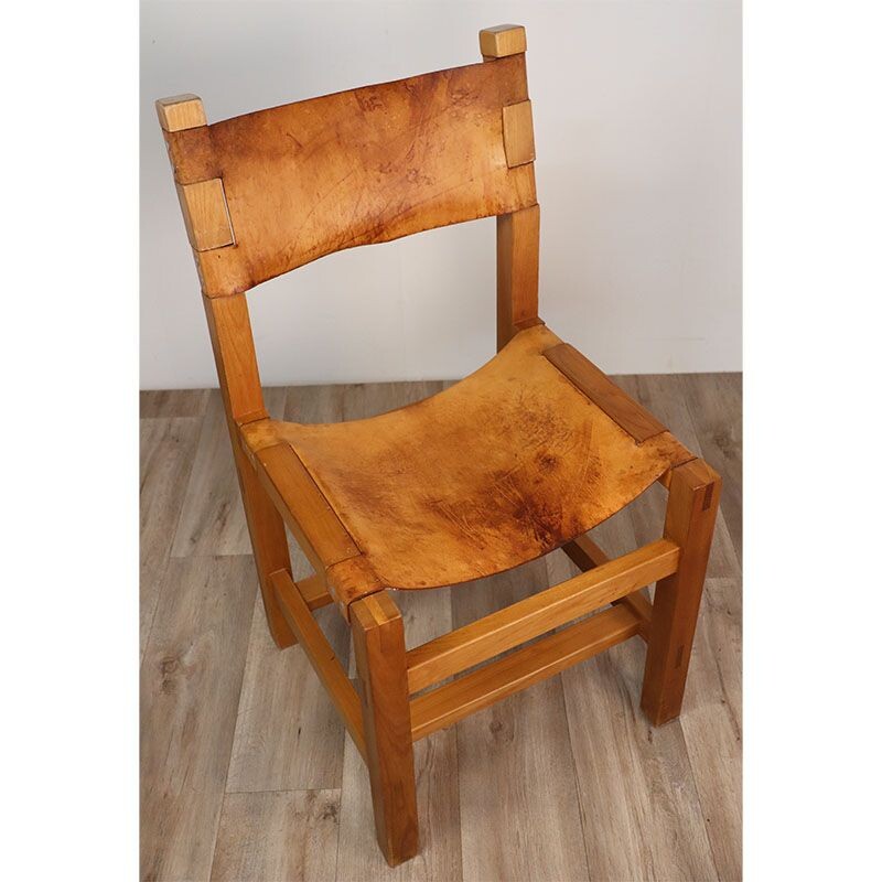 Vintage elmwood and leather chair by Maison Regain, 1970