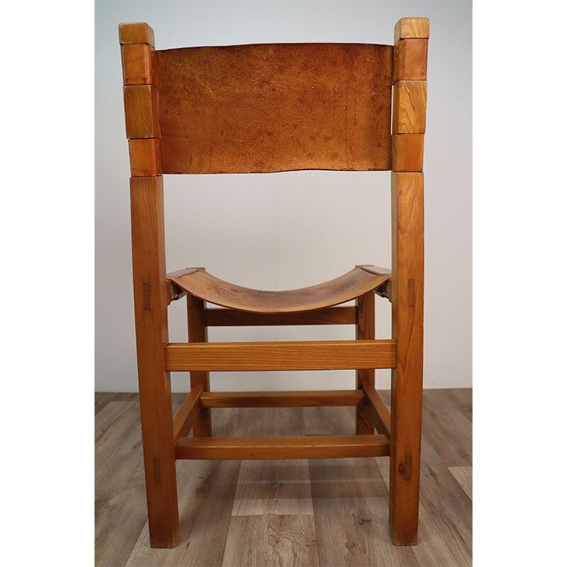 Vintage elmwood and leather chair by Maison Regain, 1970