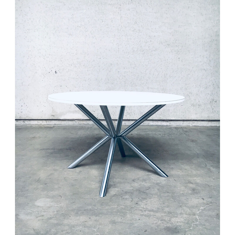 Mesa redonda laminada Vintage branca com base em forma de X, Itália 1990