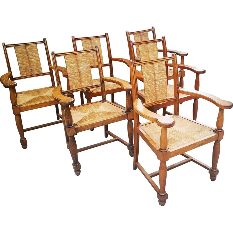 Lot de 6 fauteuils vintage en chêne massif et paille de Victor Courtrai, 1940