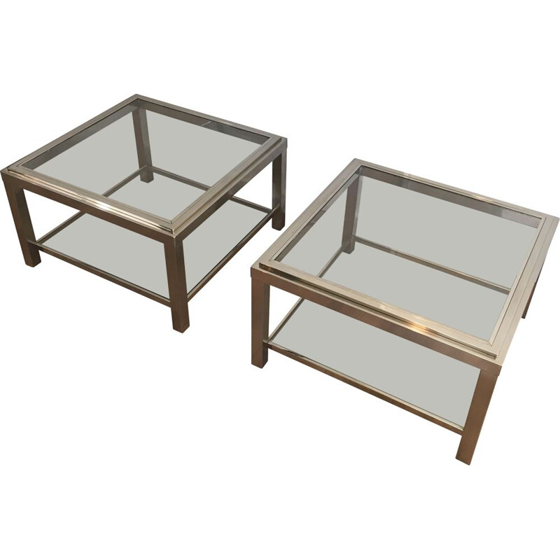 Pair of vintage chrome side tables with glass tops, 1970