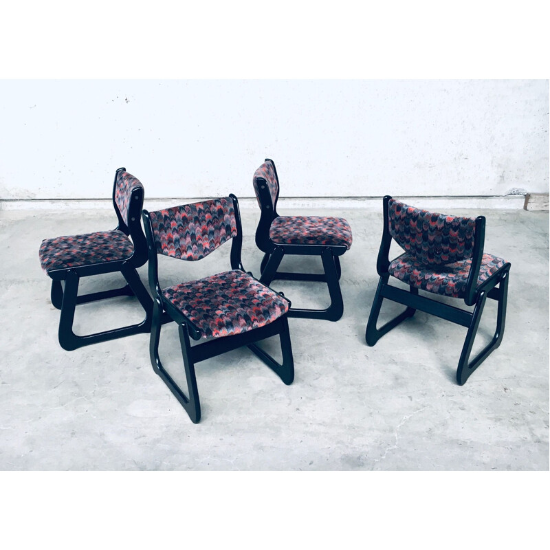 Set of 4 vintage Mcm black stained wood dining chairs, 1970s