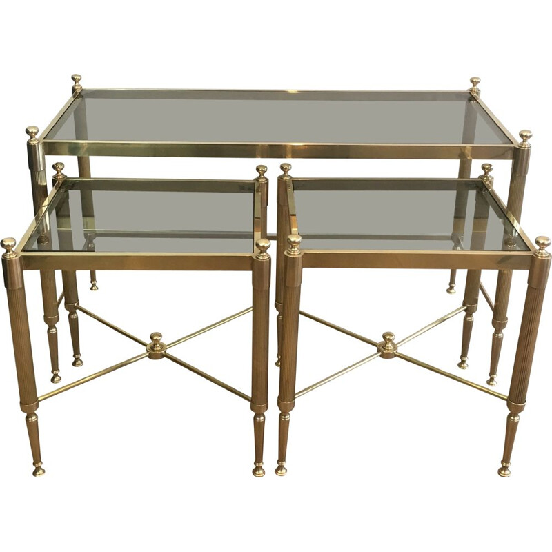 Tables gigogne vintage tripartite en laiton et verre, 1970