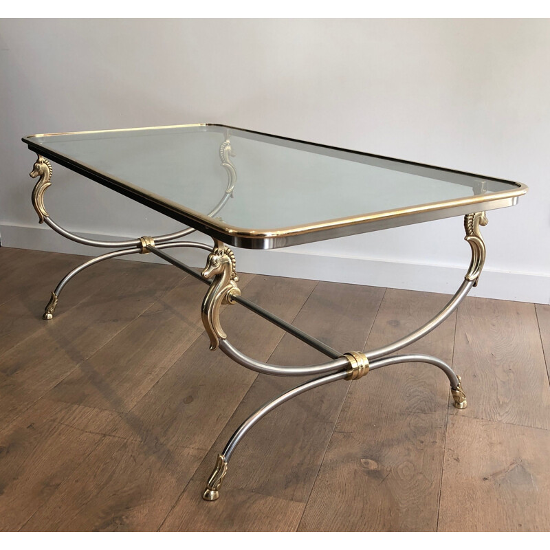 Vintage coffee table in brushed steel and brass, 1970