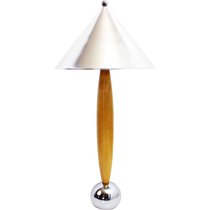 Vintage table lamp in beechwood and chromed metal, 1980