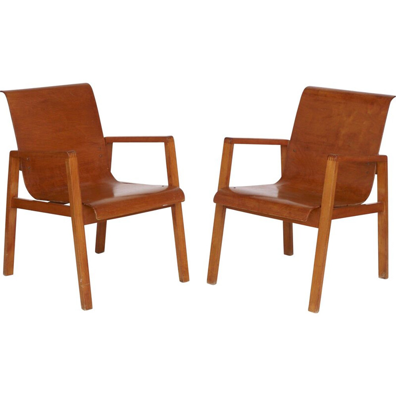 Paar vintage multiplex fauteuils model 51403 van Alvar Aalto voor Artek