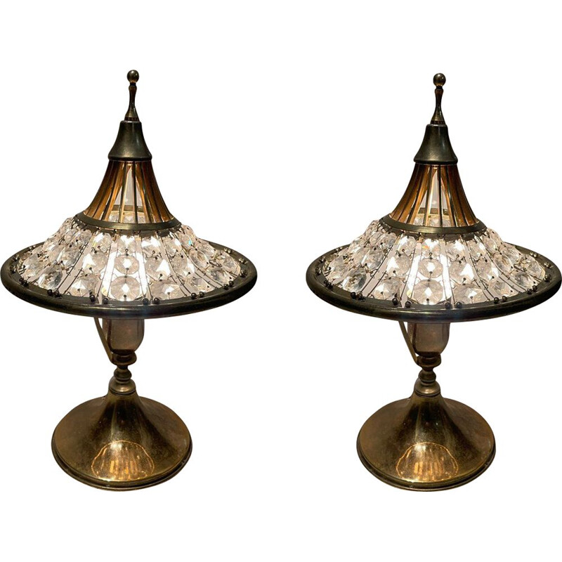 Paire de lampes de table vintage en laiton et cristal, 1960