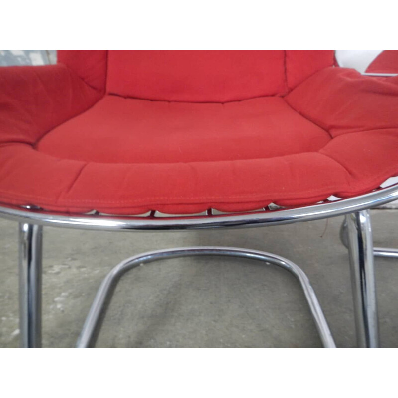 Pair of vintage rima armchairs in chromed metal and red fabric, Italy