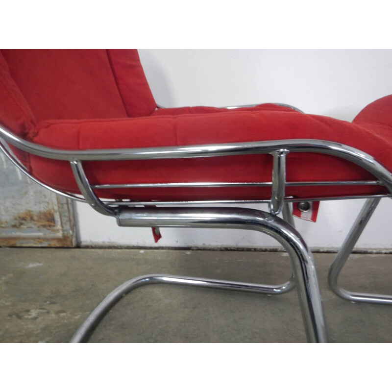 Pair of vintage rima armchairs in chromed metal and red fabric, Italy