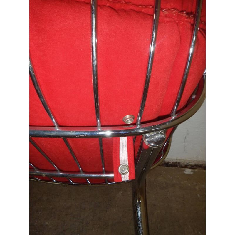 Pair of vintage rima armchairs in chromed metal and red fabric, Italy