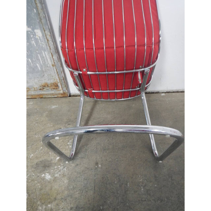 Pair of vintage rima armchairs in chromed metal and red fabric, Italy