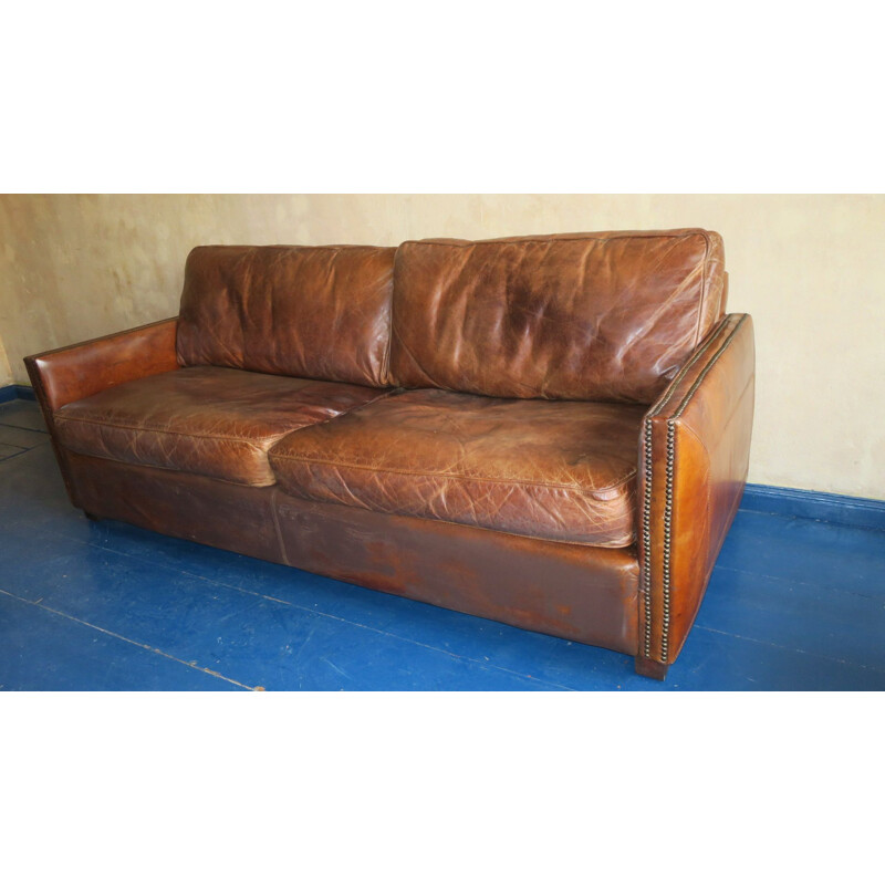 Vintage patinated brown leather 3 seater sofa