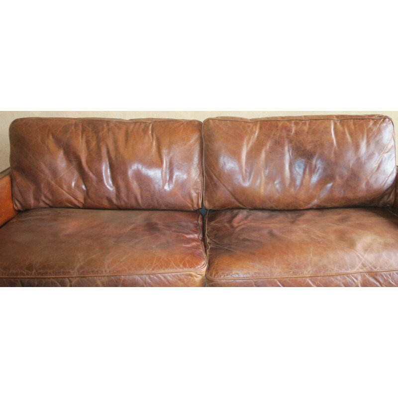 Vintage patinated brown leather 3 seater sofa