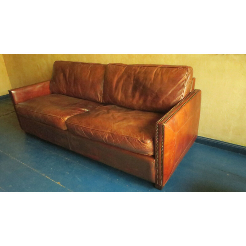 Vintage patinated brown leather 3 seater sofa