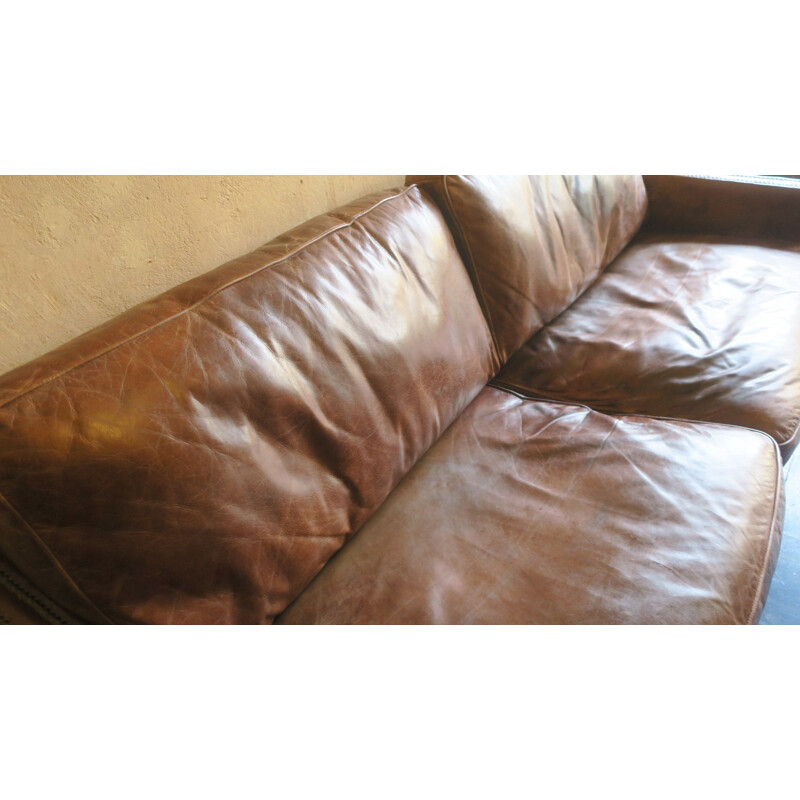 Vintage patinated brown leather 3 seater sofa