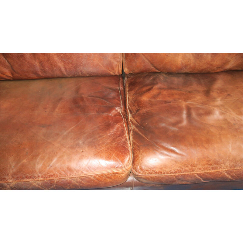 Vintage patinated brown leather 3 seater sofa