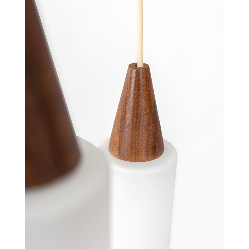 Teak and opaline glass vintage pendant lamp Boomerang by Philips, Netherlands 1960s