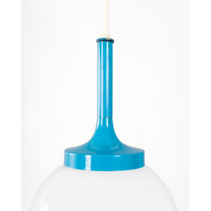 Vintage blue enamelled metal and opaline pendant lamp, France 1970