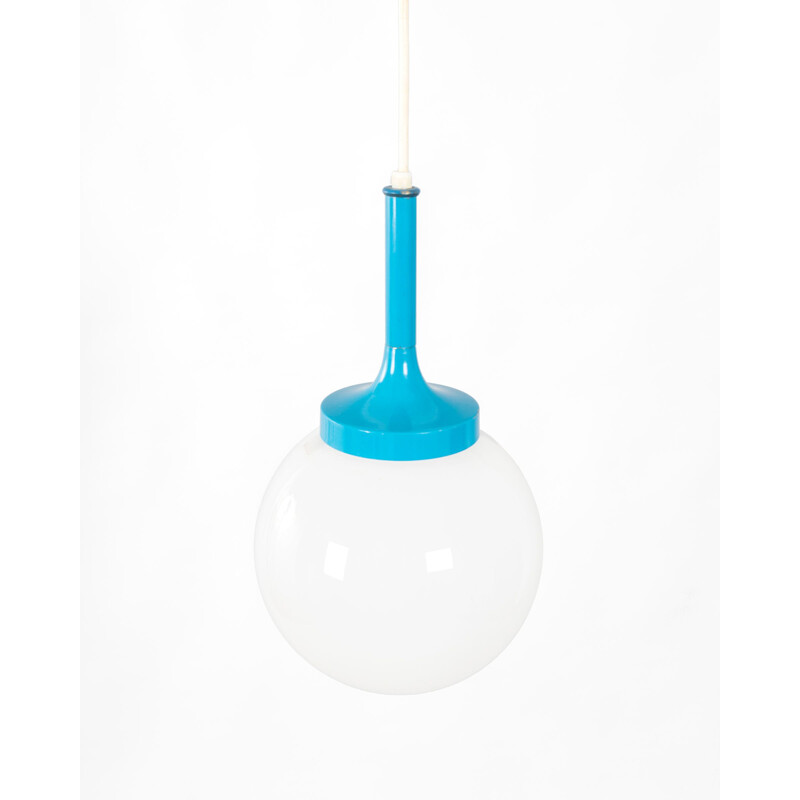 Vintage blue enamelled metal and opaline pendant lamp, France 1970