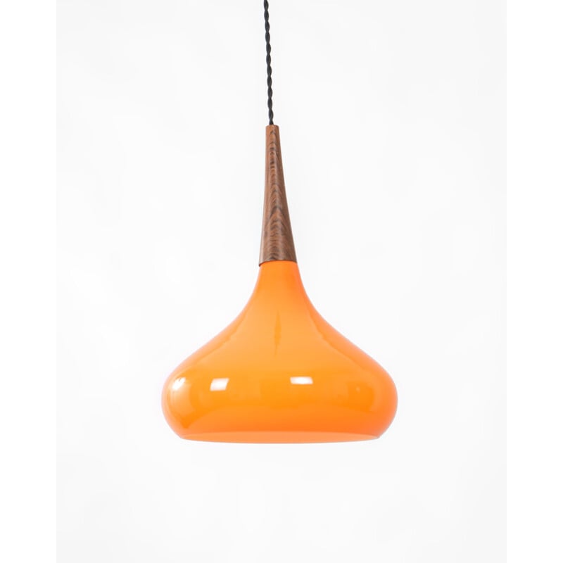 Suspension vintage en teck et verre orange, France 1970