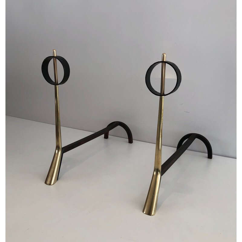 Pair of vintage modernist bronze and wrought iron andirons, 1950