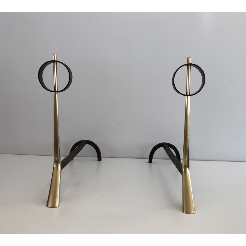 Pair of vintage modernist bronze and wrought iron andirons, 1950