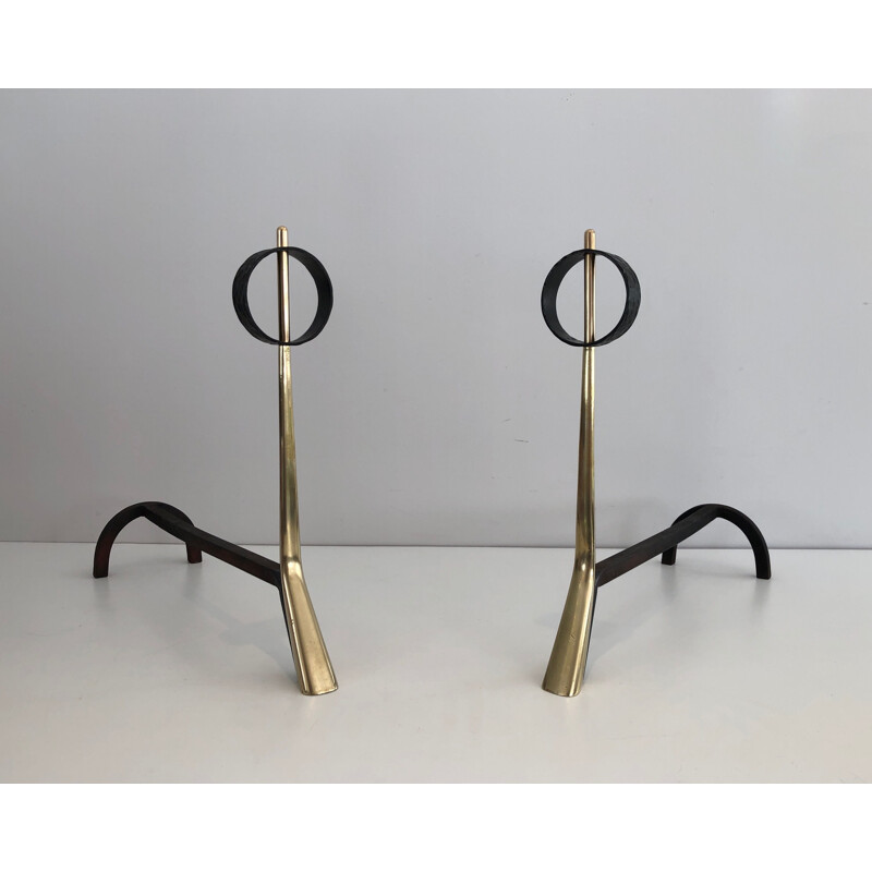 Paire de chenets vintage modernistes en bronze et fer forgé, 1950