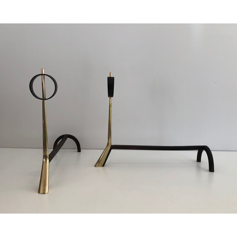 Pair of vintage modernist bronze and wrought iron andirons, 1950