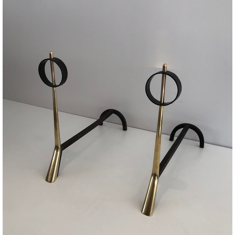 Pair of vintage modernist bronze and wrought iron andirons, 1950