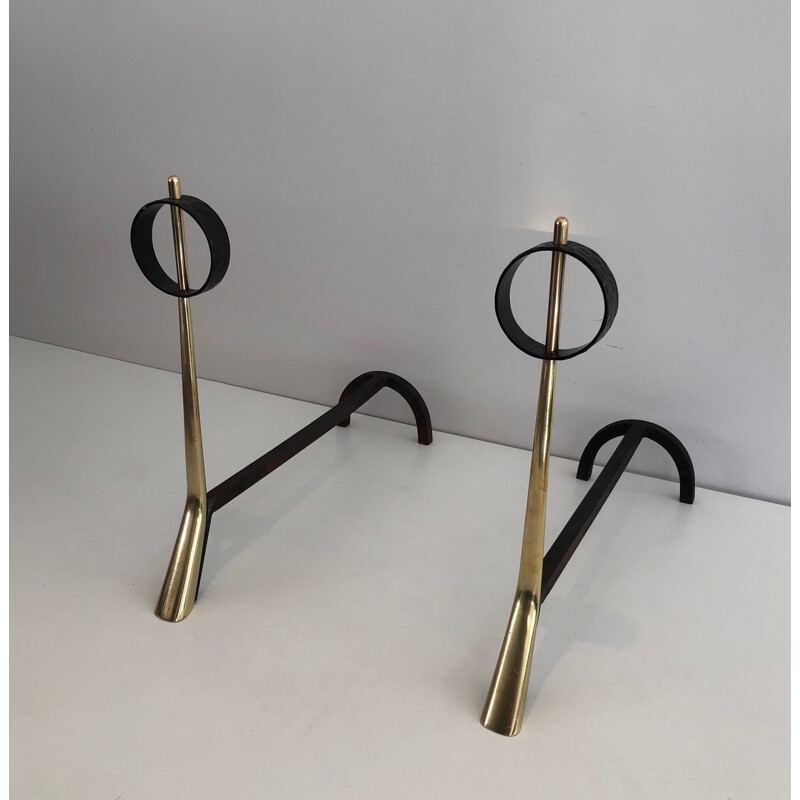 Par de bronze modernista vintage e andirons de ferro forjado, 1950