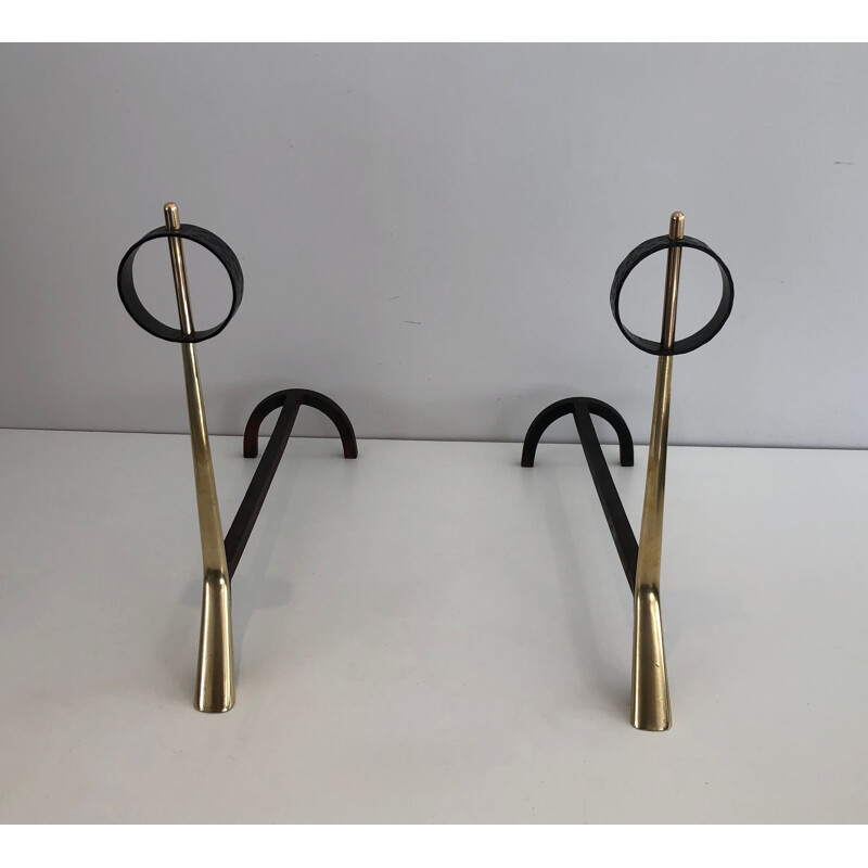 Pair of vintage modernist bronze and wrought iron andirons, 1950