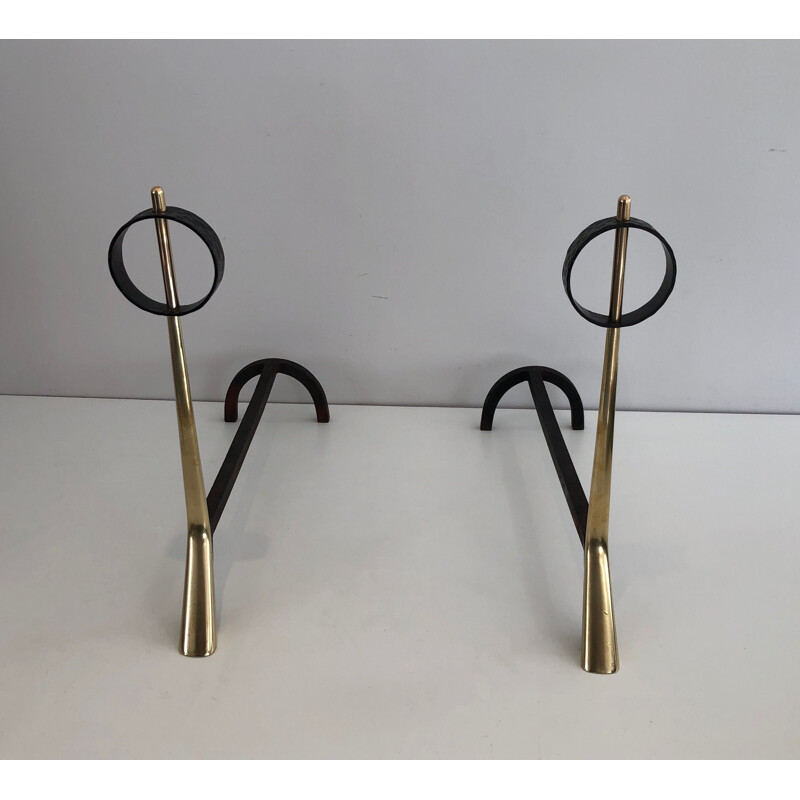 Par de bronze modernista vintage e andirons de ferro forjado, 1950