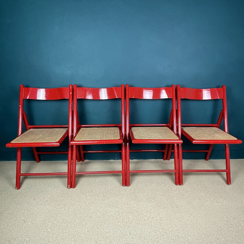 Set of 4 mid-century red folding dining chairs, Italy 1980s