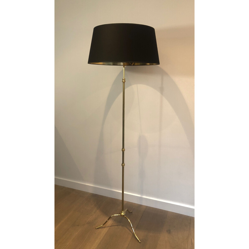 Lampada da terra regolabile in ottone vintage con paralume in Shintz nero, 1940