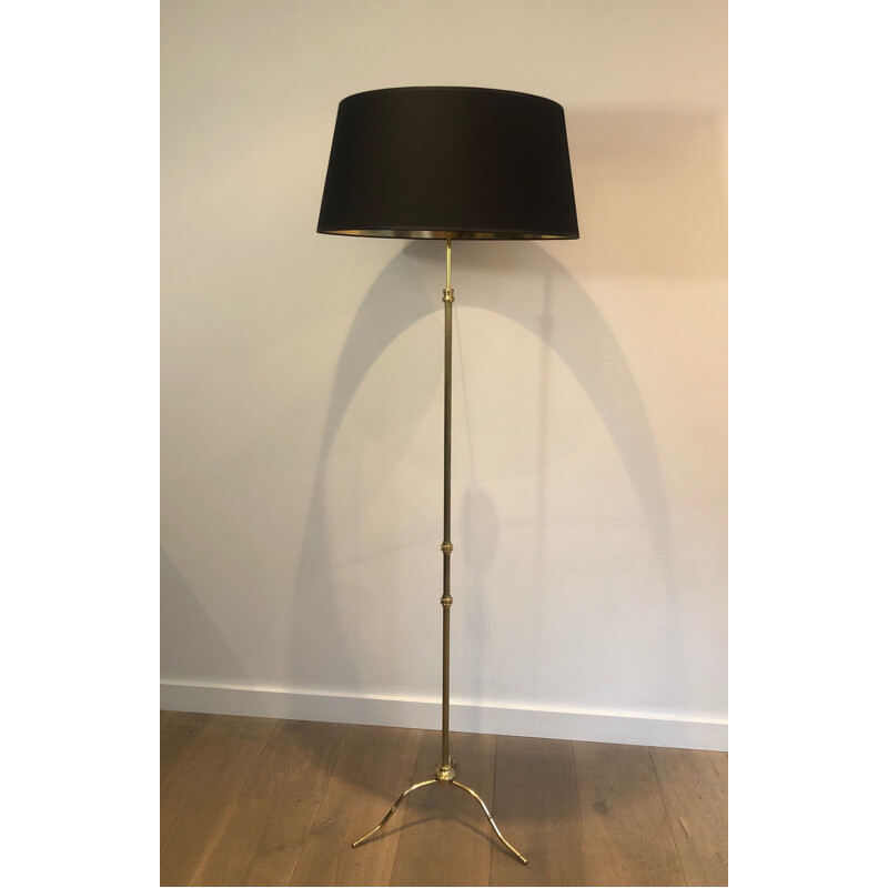 Lampada da terra regolabile in ottone vintage con paralume in Shintz nero, 1940