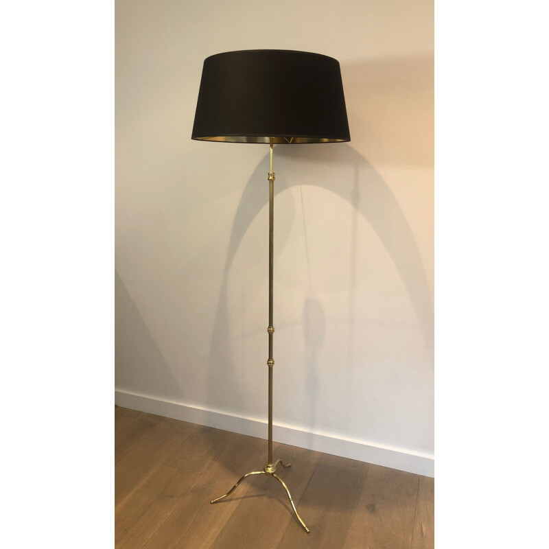 Vintage messing verstelbare vloerlamp met zwarte Shintz kap, 1940