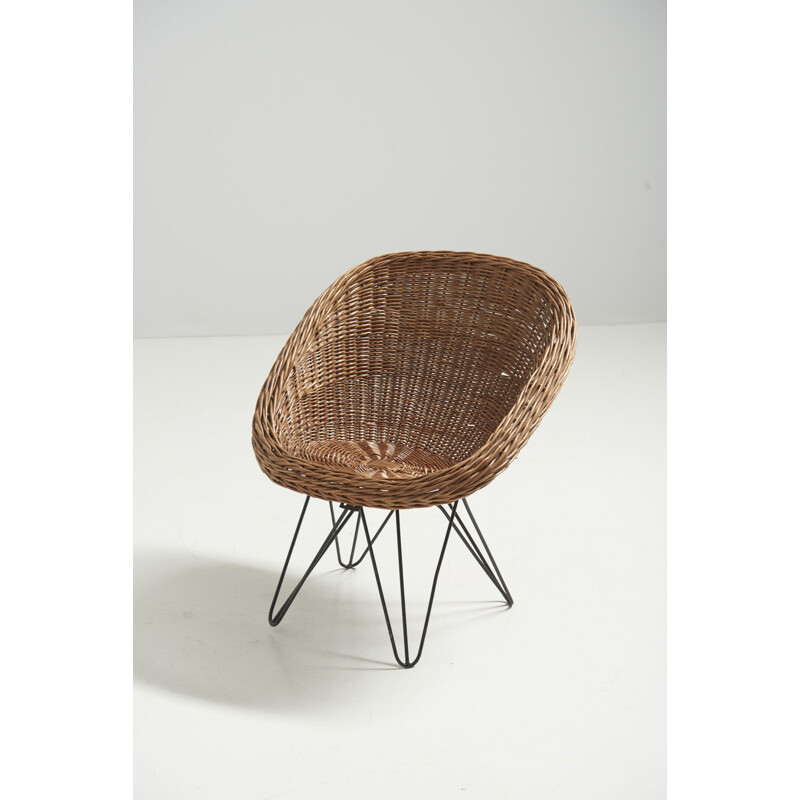 Vintage rattan children chair with hairpin legs, Netherlands 1950s