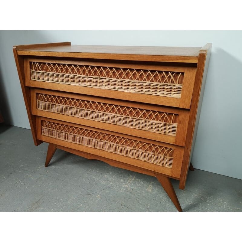 Vintage chest of drawers in rattan and oak wood