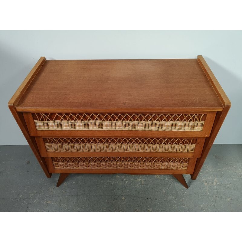 Vintage chest of drawers in rattan and oak wood