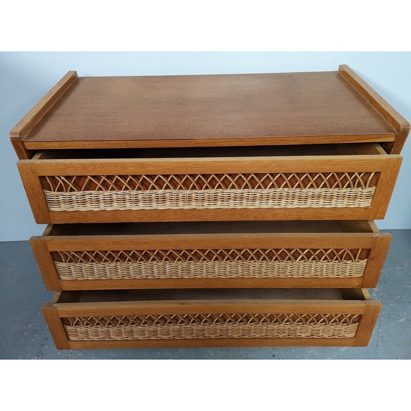 Vintage chest of drawers in rattan and oak wood