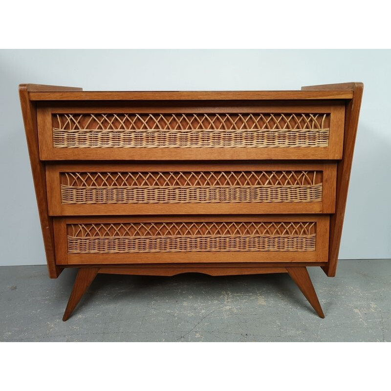 Vintage chest of drawers in rattan and oak wood