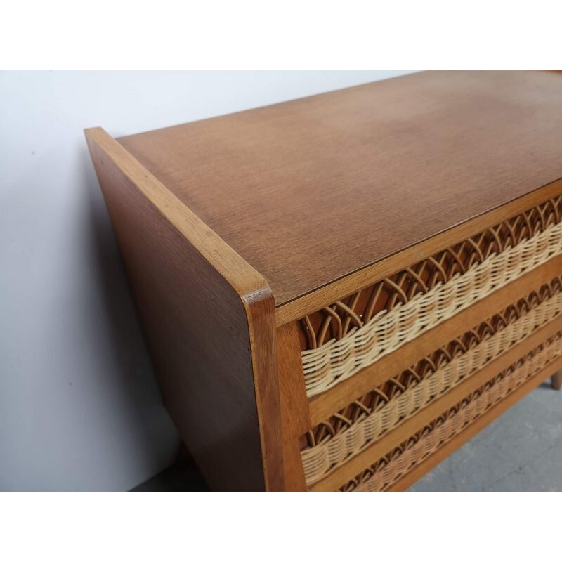 Vintage chest of drawers in rattan and oak wood