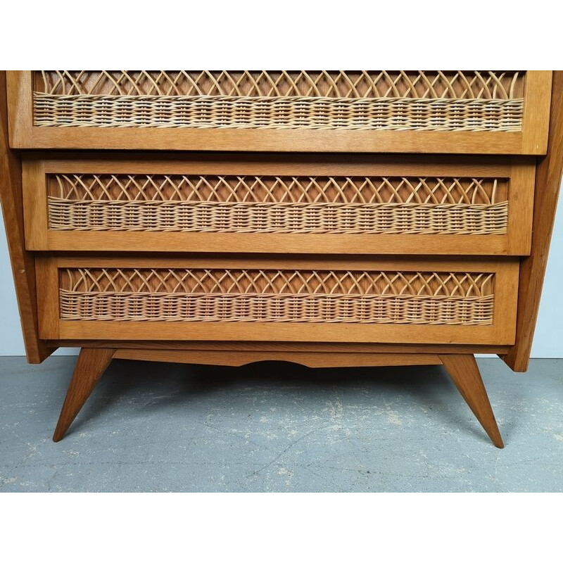 Vintage chest of drawers in rattan and oak wood
