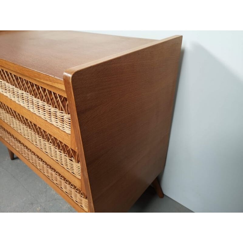 Vintage chest of drawers in rattan and oak wood