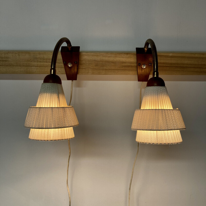 Pair of vintage scandinavian teak wall lamps, 1950