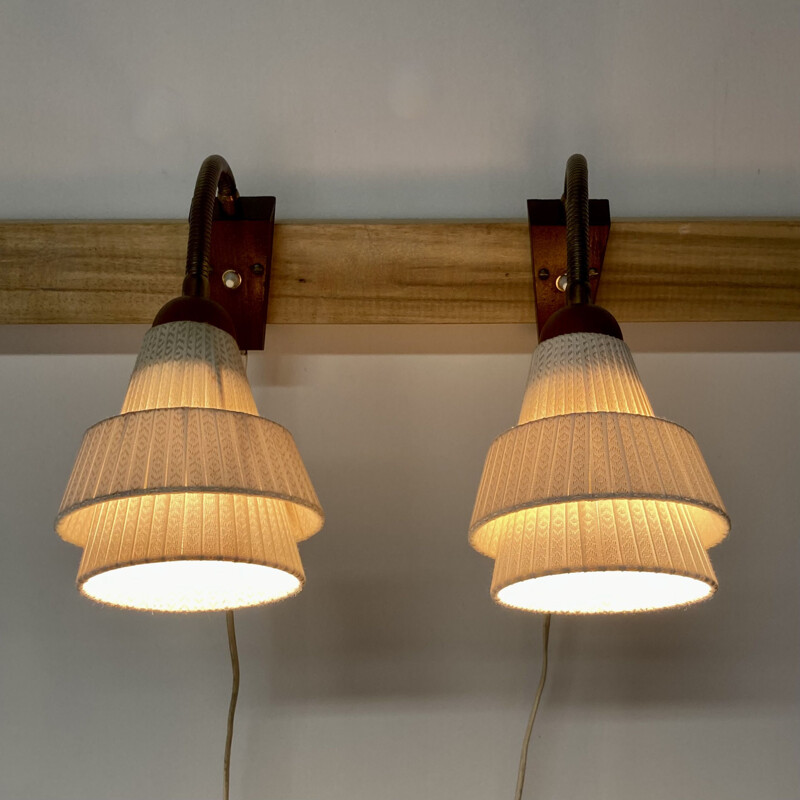 Pair of vintage scandinavian teak wall lamps, 1950