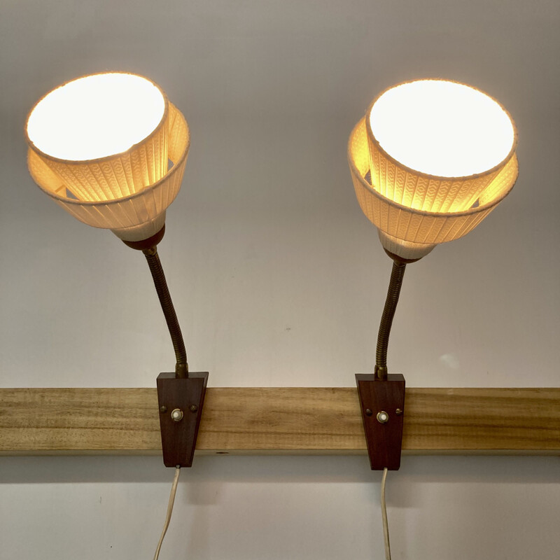 Pair of vintage scandinavian teak wall lamps, 1950