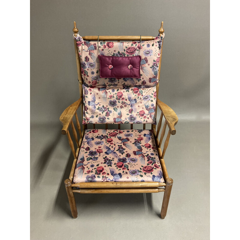 Scandinavian vintage armchair in beechwood and velvet, 1950