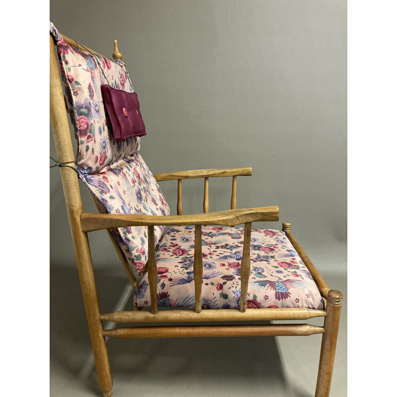 Fauteuil scandinave vintage en hêtre et velours, 1950